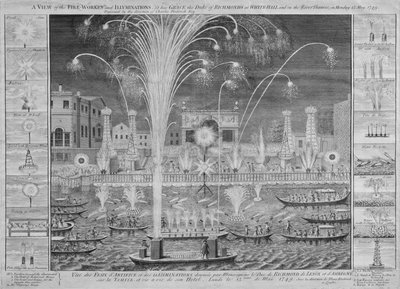 Een uitzicht op het vuurwerk en de verlichting bij zijn genade de hertog van Richmonds in Whitehall en op de rivier de Theems, op maandag 15 mei 1749 door English School